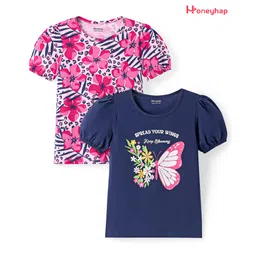 Honeyhap Premium Cotton Knit Half Sleeves Tops With Butterfly & Floral Print Pack of 2 - Mint & Fandango Pink-picture-37