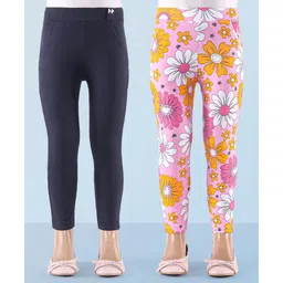 Honeyhap Premium Cotton Super Soft Stretchable Ankle Length Leggings Text Printed with Bio Finish Pack of 2- Navy & Pink-picture-32