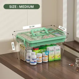 HOOPVOOL® Clear Plastic Medicine Storage Box Organizer, Family Emergency Kit with Removable Pill Case Portable Lockable Container for, Art Craft and Cosmetic Household Organizer (Green, Medium) image 1