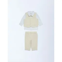 HOP Baby by Westside Beige Solid Cotton Shirt, Waistcoat, Pants and Bow Set-picture-34