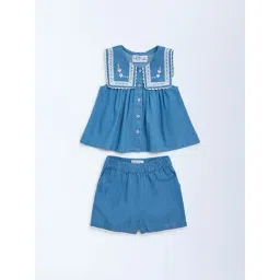 HOP Baby Girls by Westside Blue Embroidered Denim Top and Shorts Set-picture-36
