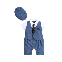 Hopscotch Boys Blue & White Solid Romper With a Necktie & Cap-picture-35