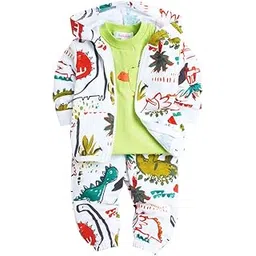 hopscotch Boys Cotton All-Over Print T-Shirt with Jacket and Pants Set in Green Color-picture-33