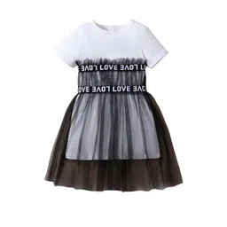 Hopscotch Girls White & Black Typography Printed Round Neck Cotton Tulle Dress-picture-38