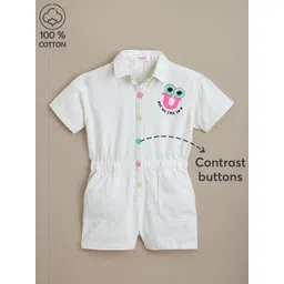 Hopscotch Girls White Printed Contrast Button With Elasticated Waistband Cotton Jumpsuit-picture-29