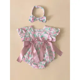 Hopscotch Girs Cotton Bloom Bow Onesie Body suit with Headband-picture-36