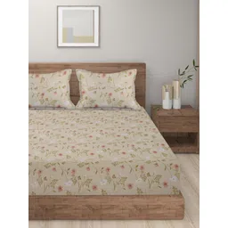 HOSTA HOMES Beige & Pink Floral 300 TC King Bedsheet with 2 Pillow Covers image 2
