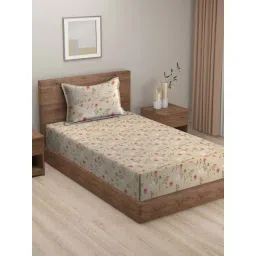 HOSTA HOMES Beige Cotton 280 TC Single Bedsheet with 1 Pillow cover-picture-21