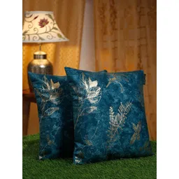 HOSTA HOMES Blue & Gold-Toned 2 Pieces Floral Velvet Square Cushion Covers-picture-34