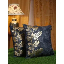HOSTA HOMES Blue & Gold-Toned 2 Pieces Floral Velvet Square Cushion Covers-picture-39
