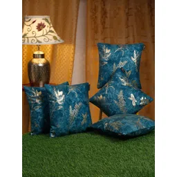 HOSTA HOMES Blue & Gold-Toned 5 Pieces Floral Velvet Square Cushion Covers-picture-11