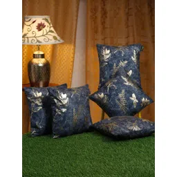 HOSTA HOMES Blue & Gold-Toned 5 Pieces Floral Velvet Square Cushion Covers-picture-17