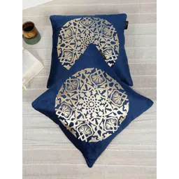 HOSTA HOMES Blue & Gold-Toned Set of 2 Ethnic Motifs Velvet Square Cushion Covers-picture-40