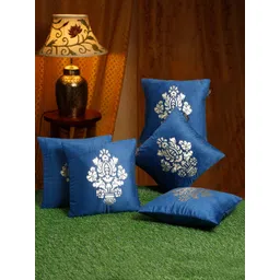 HOSTA HOMES Blue & Gold-Toned Set of 5 Floral Velvet Square Cushion Covers-picture-25