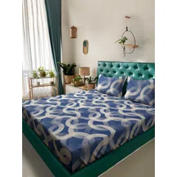HOSTA HOMES Blue & White Geometric 300 TC Queen Bedsheet with 2 Pillow Covers-picture-38