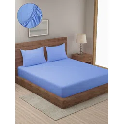 HOSTA HOMES Blue Striped 300 TC Cotton Fitted King Bedsheet with 2 Pillow Covers-picture-35