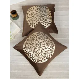 HOSTA HOMES Brown & Gold-Toned 2 Pieces Floral Foil Printed Velvet Square Cushion Covers-image-3