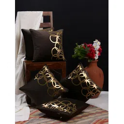 HOSTA HOMES Brown & Gold-Toned 5 Pcs Geometric Velvet Square Cushion Covers-picture-37