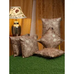 HOSTA HOMES Brown & Gold-Toned 5 Pieces Ethnic Motifs Velvet Square Cushion Covers-picture-24