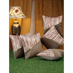 HOSTA HOMES Brown & White 5 Pieces Striped Velvet Square Cushion Covers-picture-38