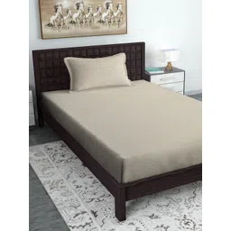 HOSTA HOMES Cream-Coloured 300 TC Single Fitted Bedsheet with 1 Pillow Cover-image-43
