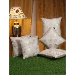 HOSTA HOMES Cream-Coloured & Gold-Toned 5 Pcs Ethnic Motifs Velvet Square Cushion Covers-picture-26