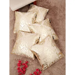 HOSTA HOMES Cream-Coloured & Gold-Toned Set of 5 Ethnic Motifs Velvet Square Cushion Covers-image-40