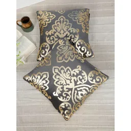 HOSTA HOMES Grey & Gold-Toned 2 Pieces Floral Foil Printed Velvet Square Cushion Covers-picture-20