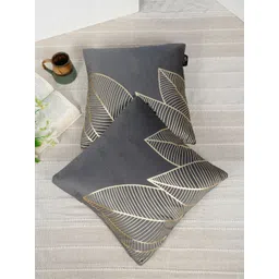 HOSTA HOMES Grey & Gold-Toned 2 Pieces Floral Foil Printed Velvet Square Cushion Covers-picture-25