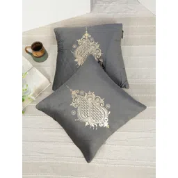 HOSTA HOMES Grey & Gold-Toned 2 Pieces Printed Velvet Square Cushion Covers-picture-23