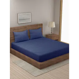 HOSTA HOMES Navy Blue 300 TC King Striped Cotton Bedsheet with 2 Pillow Covers-picture-32