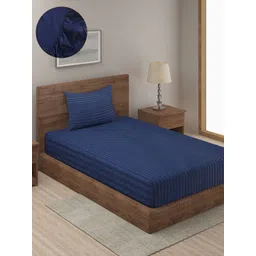 HOSTA HOMES Navy Blue Striped 280 TC Single Bedsheet with 1 Pillow Covers-picture-25