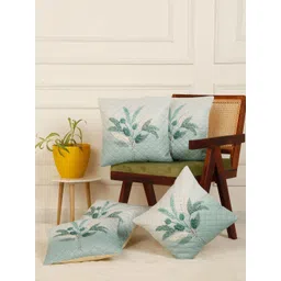 HOSTA HOMES Off White & Green Set of 5 Floral Velvet Square Cushion Covers-picture-14