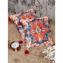 HOSTA HOMES Orange & Blue Set of 2 Ethnic Motifs Velvet Square Cushion Covers-picture-30