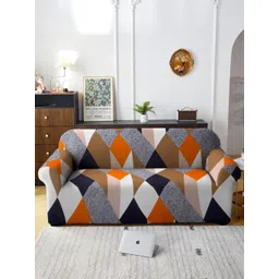 HOSTA HOMES Orange & Navy Blue Printed Polyester 1 Piece Sofa Cover With Arms-picture-42