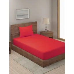 Hosta Homes Stripes Red 280 TC Poly Satin Fitted Single Bed Sheet with 1 Pillow Cover-picture-41