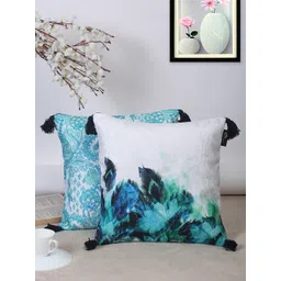 HOSTA HOMES Turquoise Blue & White Set of 2 Ethnic Motifs Velvet Square Cushion Covers-picture-41