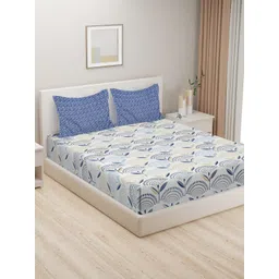 HOSTA HOMES White & Blue Floral 280 TC King Pure Cotton Bedsheet with 2 Pillow Covers-picture-24