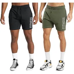 hotfits Men's Black & Green Training Rest Day Cotton Regular Shorts Pack of 2 -S-picture-34
