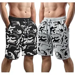 hotfits Men's Black & Grey Cotton Regular Shorts - Workout, Gym, Running, Yoga and Sports Shorts - Camouflage Printed - Pack of 2-picture-16