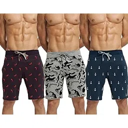 hotfits Men's Black, Grey & Blue Cotton Regular Shorts - Running, Workout, Yoga, Gym Shorts - Pack of 3-picture-14