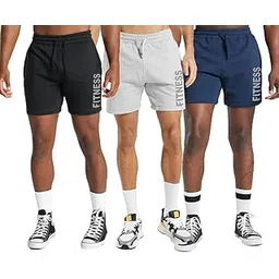 hotfits Men's Black, Grey & Blue Training Rest Day Cotton Regular Shorts Pack of 3-picture-23