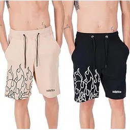 hotfits Men's Casual Beige & Black Cotton Regular Shorts, Workout Shorts, Elastic Waist Running Shorts with Pockets Flame Printed Pack of 2 - XL-picture-38