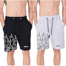 hotfits Men's Casual Black & Grey Cotton Regular Shorts, Workout Shorts, Elastic Waist Running Shorts with Pockets Flame Printed Pack of 2 - L-picture-20