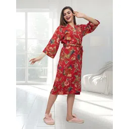 HotGown Red & Blue Floral Printed Pure Cotton Bath Robe-picture-24