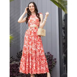 House of Abeena Floral Printed Round Neck Crop Top & Maxi Skirt Co-Ords-picture-39