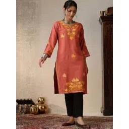 House of Chikankari Coral HOC Crafts Aari Embroidered Woollen Solid Women's Long Kurta-picture-14