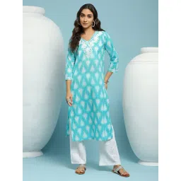 House of Chikankari Cotton Printed Women's Long Kurta - Green-image-18