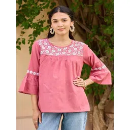 House of Chikankari Floral Embroidered Bell Sleeve Cotton Top-image-49