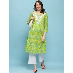 House of Chikankari Green Cotton Floral Print Kurta-image-10